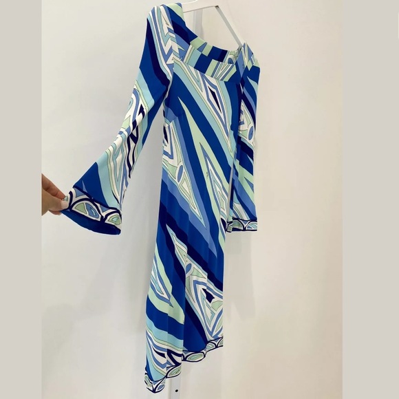 EMILIO PUCCI BLUE MULTI SQUARE NECK BELL SLEEVE DRESS SIZE IT 38 / US 4 - Picture 4 of 16